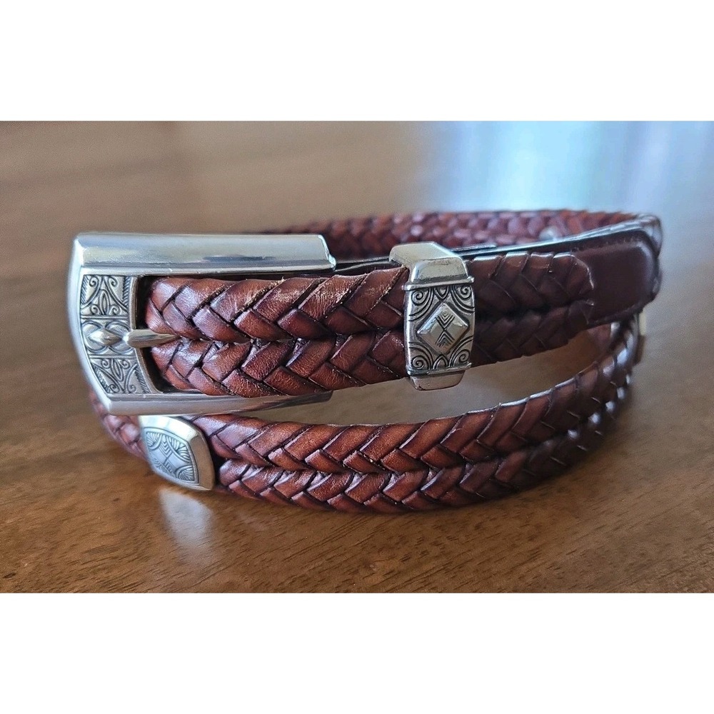 Brighton Women's Woven Leather Belt Station Medallions Brown Large EUC